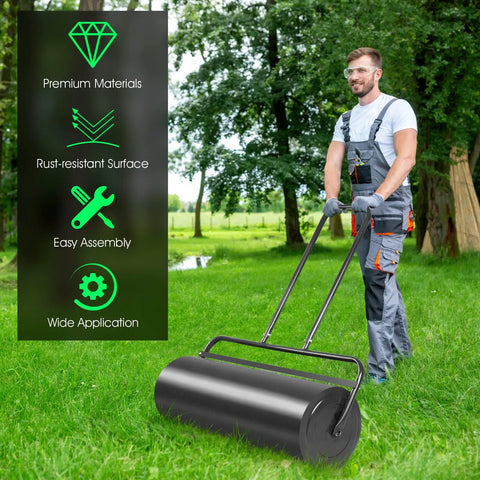 Man using Beefy 36 Inch Lawn Roller With 17 Gallon Capacity For Water Or Sand Filling in a garden setting.