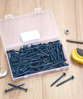Two Inch Pocket Hole Screws Set Number Eight Exterior Grade 200 Pieces in open case with tools on wooden surface