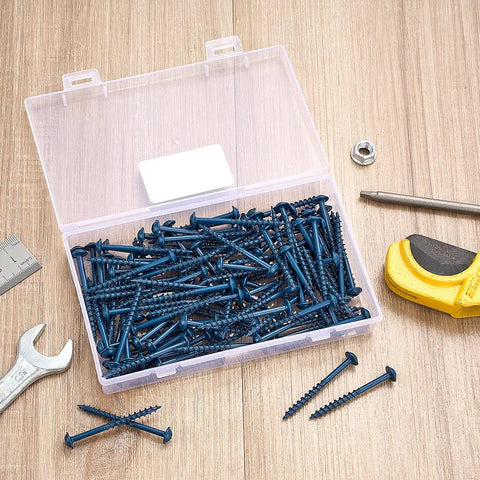 Two Inch Pocket Hole Screws Set Number Eight Exterior Grade 200 Pieces in open case with tools on wooden surface
