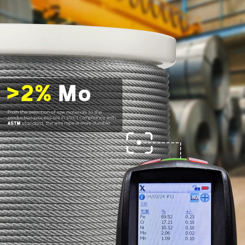 Close-up of 600 ft One Eighth Inch T316 Stainless Steel Aircraft Cable with digital measurement tool in warehouse.