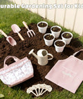Kid Friendly Hands On Garden Tool Set For Toddlers With Pink Tote Bag Apron Gloves Shovel Rake Cultivator Watering Can And Flower Pots