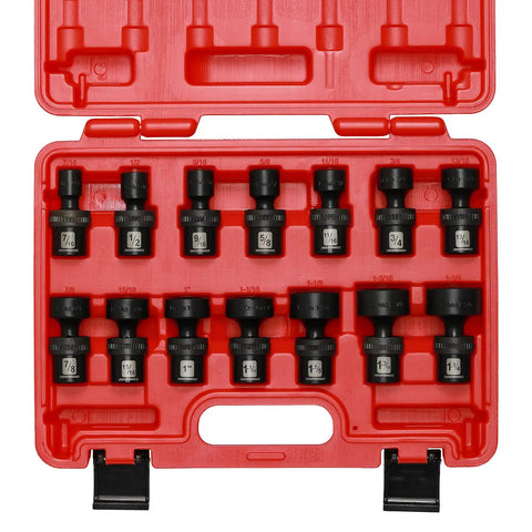 One Half Inch Drive Shallow Impact Universal Joint Swivel Socket Set SAE Seven Sixteenths To One And One Quarter Inch in red case