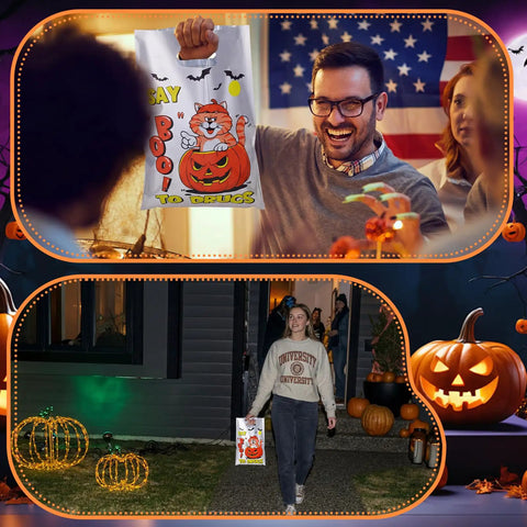 People holding Say Boo To Drugs Halloween Reflective Gift Bags 150 Pack for Trick Or Treat Parties Party Favors