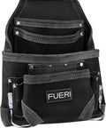 Black Full Grain Leather Tool Pouch With 10 Pockets And Dual Hammer Holster, front view
