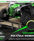 ATV loaded onto a trailer showcasing built tough ultimate heavy duty E track ratchet tie downs set, 4500 lb break strength