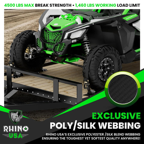 ATV loaded onto a trailer showcasing built tough ultimate heavy duty E track ratchet tie downs set, 4500 lb break strength
