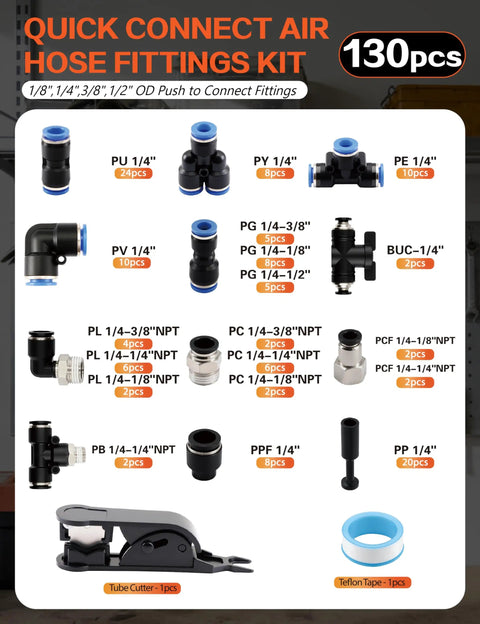 Premium 130 Pc Air Hose Push To Connect Fittings Kit For 1/4 Inch And Larger Pneumatic Lines With NPT Threads Quick Connect Adapters Ideal For Compressors And Auto Repair Shops. 130-piece fittings kit with cutter and Teflon tape