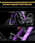 High-performance inverted hydraulic fork and rear shock absorber on a heavy duty electric dirt bike delivering 60 mph thrills.