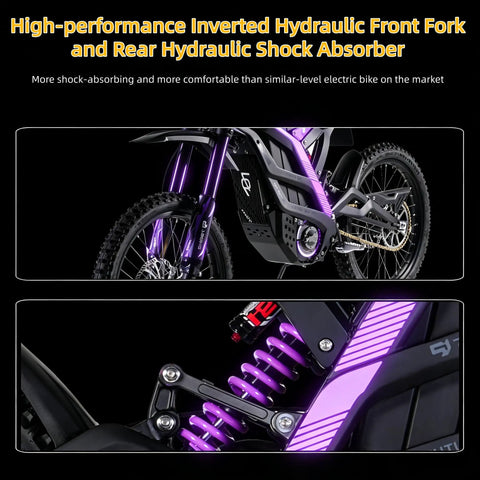 High-performance inverted hydraulic fork and rear shock absorber on a heavy duty electric dirt bike delivering 60 mph thrills.