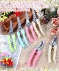 Eight Piece Garden Shears Set In Four Color Variants for All In One Yard Work displayed with flowers on a wooden table