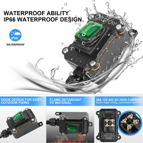 Durable Waterproof Boat Rocker Switch With Green Indicator Light For Boaters And Marine Setups DPST Inline Cord Switch 1 Outlet DC 12V To 24V On Off Button Includes Cable Gland For Easy Installation showcasing IP66 waterproof design with multiple angles and features labeled.