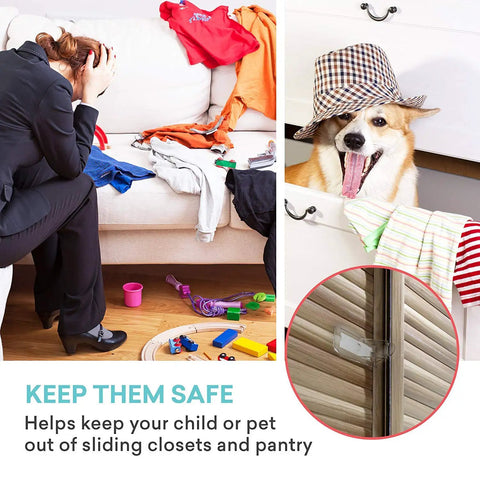 Sliding Closet Door Child Lock With Double Sided Tape Easy Install, 4 Pack, Clear, Durable Plastic Keeps Curious Toddlers Out No Tools Required, Safe Wardrobe And Cabinet Lock Solution shown in use.
