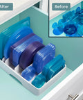 Big Kitchen Cabinet Lid Organizer With Five Adjustable Dividers Gonna Keep Your Pantry Straight No Sweat Sorting Tray For Food Containers Slick Kitchen Helper White, neatly arranged lids in drawer.