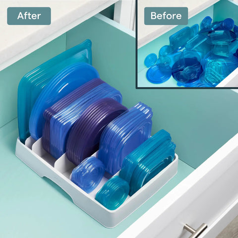 Big Kitchen Cabinet Lid Organizer With Five Adjustable Dividers Gonna Keep Your Pantry Straight No Sweat Sorting Tray For Food Containers Slick Kitchen Helper White, neatly arranged lids in drawer.