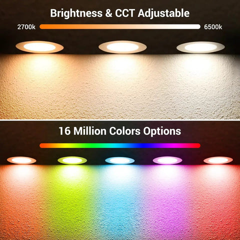 6 Inch Smart Recessed Lighting Kit With Remote And WiFi Color Changing RGBCW Canless Recessed Ceiling Lights 15W 1100LM adjustable brightness and colors