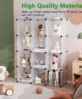 Versatile 12 Cube Storage Organizer For Home And Office DIY Cube Shelving System Plastic Stackable Cubes Modular Shelves To Tidy Books Clothes Toys And More White Color Space Saving And Easy To Reconfigure showing a filled shelving unit in a bedroom.