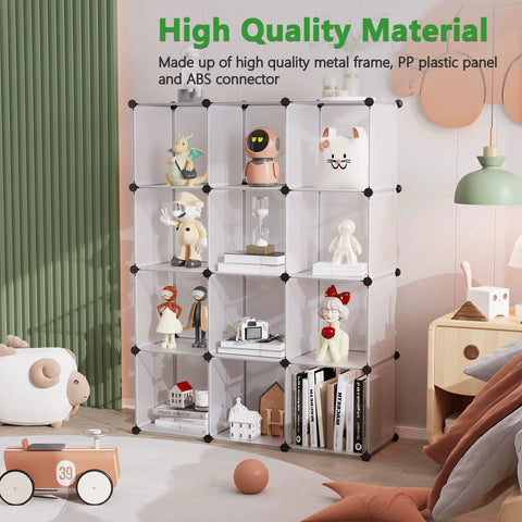 Versatile 12 Cube Storage Organizer For Home And Office DIY Cube Shelving System Plastic Stackable Cubes Modular Shelves To Tidy Books Clothes Toys And More White Color Space Saving And Easy To Reconfigure showing a filled shelving unit in a bedroom.