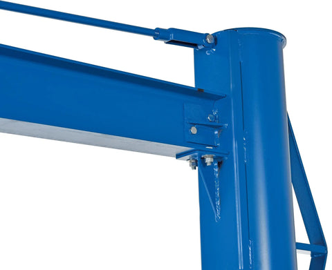 Close-up of the Straight Up Pro Grade Transportable Multi Station Jib Crane showing the sturdy metal joint and manual hand brake.