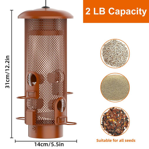 Weight Activated Squirrel Proof Bird Feeder For Outdoor Use Large Capacity Keeps Squirrels From Stealing Seed While Finches Cardinals And Chickadees Feed Freely Weatherproof Durable Construction In Reddish Brown with 2 lb capacity and mesh design