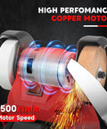 The No Fuss Cordless Mini Bench Grinder Polisher With Dual Grinding Wheels Rocking At 5500 Rpm, showcasing copper motor and sparks during sharpening.