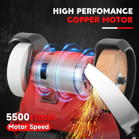 The No Fuss Cordless Mini Bench Grinder Polisher With Dual Grinding Wheels Rocking At 5500 Rpm, showcasing copper motor and sparks during sharpening.