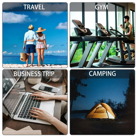 Collage with scenes of travel, gym, business trip, and camping emphasizing 5 Pack 3.4 Oz Travel Bottles With Labels Leakproof Plastic Containers.