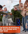 Group enjoying music with Partybox 310 Portable Party Speaker With 240 Watts Of Power Long Lasting Battery Dazzling Light Show