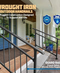 Built Tough Adjustable Wrought Iron Stair Handrail For Outdoor Steps With Handy Hook Setup And Heavy Duty Powder Coat for a solid grip.