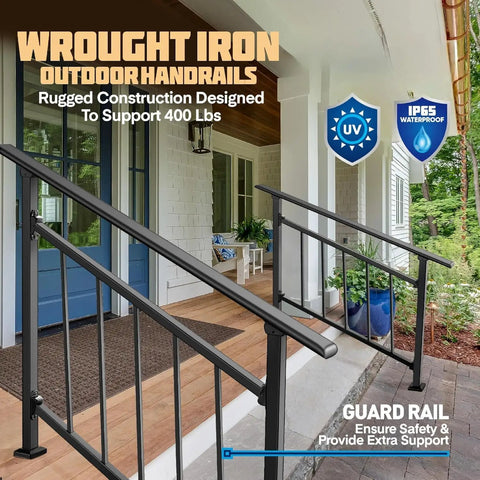 Built Tough Adjustable Wrought Iron Stair Handrail For Outdoor Steps With Handy Hook Setup And Heavy Duty Powder Coat for a solid grip.