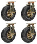 Heavy Duty Swivel Caster Wheels Set Of Four With Ten Inch Silent Pneumatic Rubber Tires And Steel Brake Plates for industrial use.