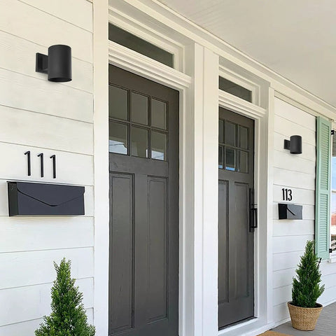 5 Inch Black Modern Outdoor Wall Lantern Light for Patio and Exterior, sleek minimalist look on white house exterior