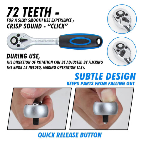 Close-up of the 72-tooth ratchet wrench with quick release button from the 180 Piece Socket Wrench Tool Set For Auto Repair And DIY