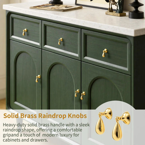 Top Shelf Heavy Duty Solid Brass Cabinet Knob Featuring Slick Brushed Gold Finish on green cabinet drawers.