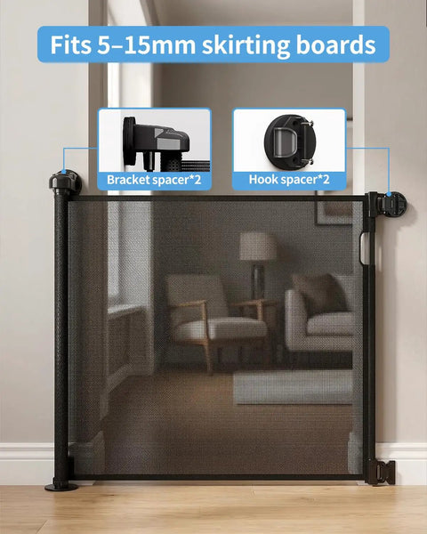 Retractable Baby Gate for Stairs and Doorways, 33 Inch High Expands to 55 Inch Wide, installed in a living room passageway.