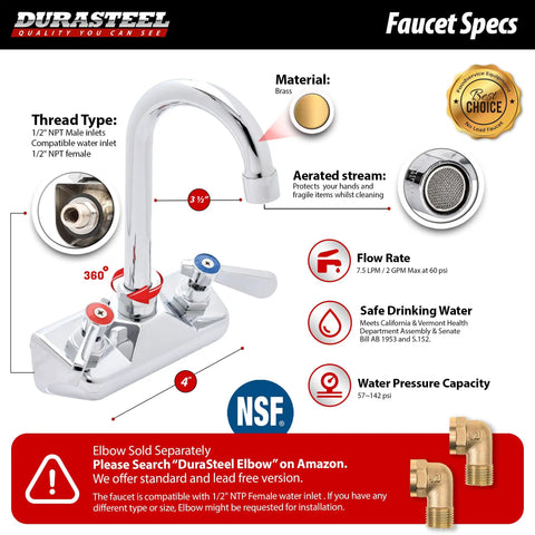 Commercial Kitchen Grade Faucet No Lead Center Wall Mount Utility Hand Faucet With Three And A Half Inch Gooseneck Spout