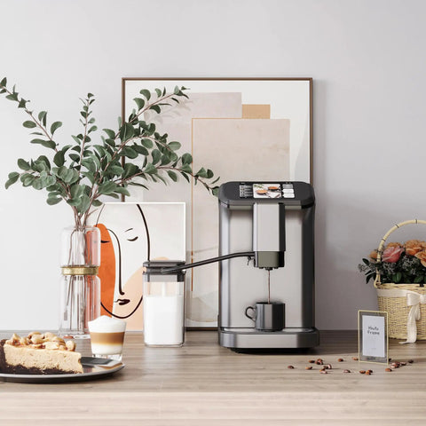 Level Up Your Daily Grind With This Fully Automatic Espresso Machine Featuring A Built In Grinder Dual Boiler Heating Premium Milk Frother And Smart Touch Panel For Six Quick Barista Shots In Sleek Gunmetal on a kitchen counter.