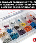Color Coded Paintball O Ring Kit Large 360 Piece Master O Ring Set With 18 Common Sizes in clear compartment box.