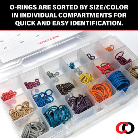 Color Coded Paintball O Ring Kit Large 360 Piece Master O Ring Set With 18 Common Sizes in clear compartment box.