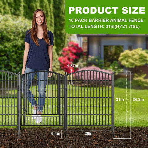 No-Dig Gate-Equipped Decorative Garden Fence Kit For Pets, 10 Panels, 31-Inch High by 21.7-Foot Long, rustproof metal shown