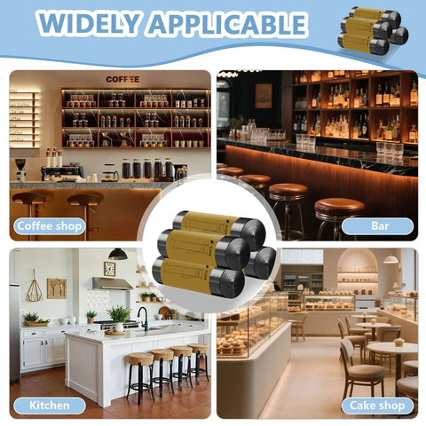 Heavy Duty Knock Box Trash Bags for Commercial Coffee Stations, displayed in coffee shop, bar, kitchen, and cake shop settings