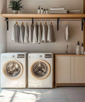Laundry room with 10 Pack Heavy Duty Closet Rod Bracket Set With 90 Degree Triangle Support, matte black steel, supporting clothes above washers.