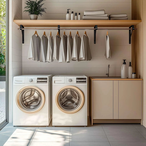 Laundry room with 10 Pack Heavy Duty Closet Rod Bracket Set With 90 Degree Triangle Support, matte black steel, supporting clothes above washers.