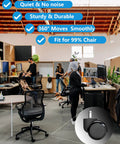 Office chair caster wheels, black 2-inch, 5-pack; front view of office with inset close-up for hardwood floors & carpet.