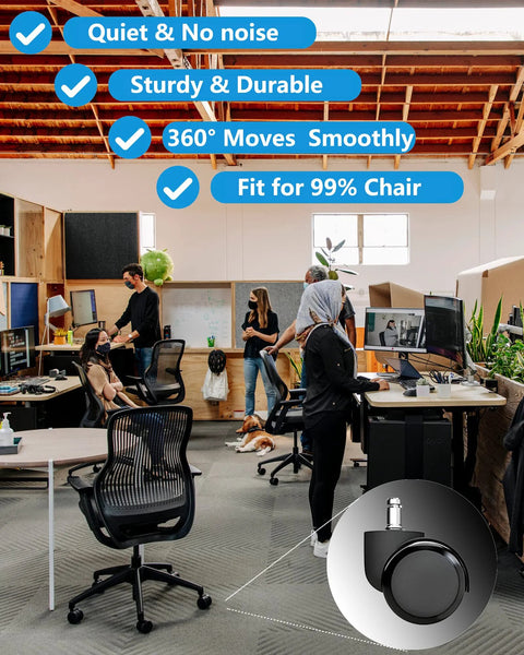 Office chair caster wheels, black 2-inch, 5-pack; front view of office with inset close-up for hardwood floors & carpet.