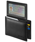Leather Wallet For Men, Genuine Leather Bifold RFID Blocking Wallet With 2 ID Windows, Black, Built To Last, open showing card slots