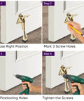 Step-by-step installation of Pedal Kick Down Door Stopper Hands Free Door Hold Open Easy Step Doorstop With Height Adjustable Rubber Foot Premium Zinc Alloy Build 4 Inch Gold Finish 1 Pack Sturdy Works On Carpet Wood Cement on carpeted door.