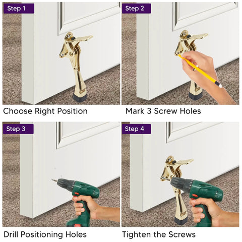 Step-by-step installation of Pedal Kick Down Door Stopper Hands Free Door Hold Open Easy Step Doorstop With Height Adjustable Rubber Foot Premium Zinc Alloy Build 4 Inch Gold Finish 1 Pack Sturdy Works On Carpet Wood Cement on carpeted door.