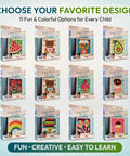 Display of latch hook rug kits with various designs like watermelon, bear, and hot air balloon for kids and adults craft set.