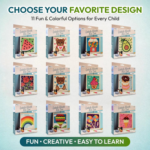 Display of latch hook rug kits with various designs like watermelon, bear, and hot air balloon for kids and adults craft set.