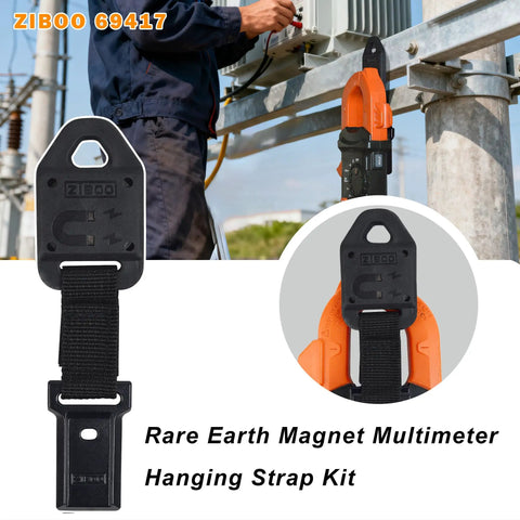Rare Earth Magnetic Multimeter Hanging Strap Kit in use with Klein Tools Meter on metal surface